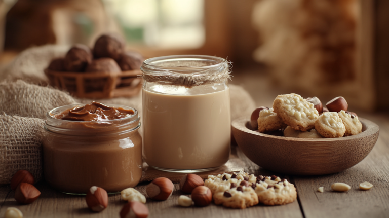 Variety of hazelnut-based products including hazelnut spread, milk, cookies, and raw hazelnuts.