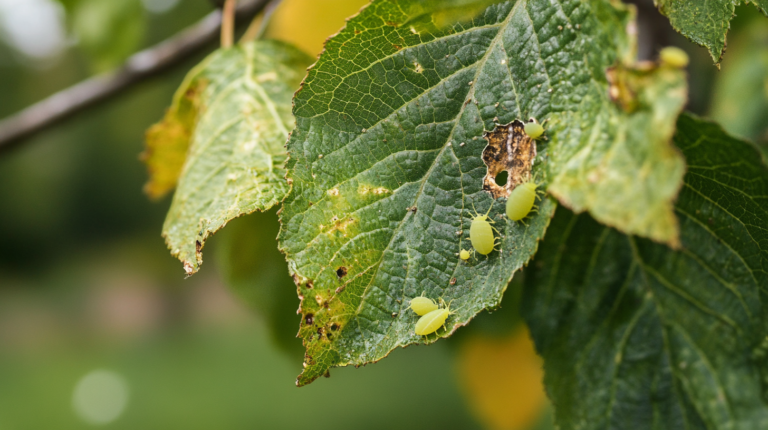 A close-up photo of hazelnut tree leaves infested with aphids and filbertworm larvae, showing visible damage and pests on the leaves and nuts.