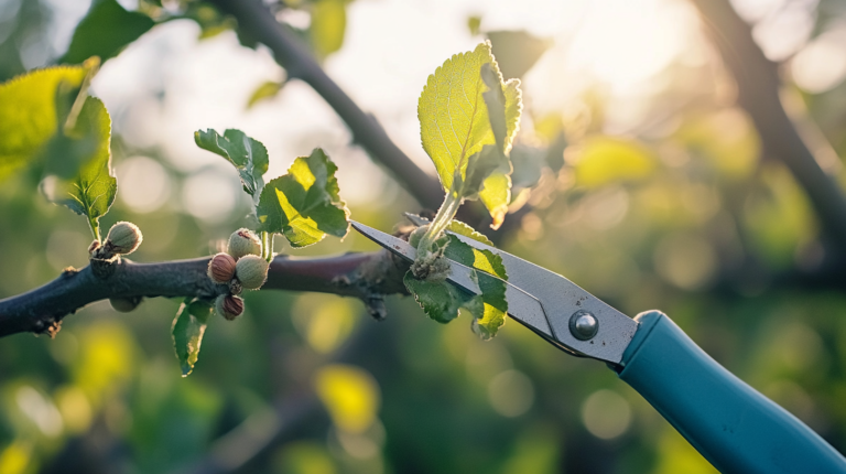 Close-up of a hazelnut branch with different types of pruning cuts, including thinning and heading cuts, in a sunlit orchard.