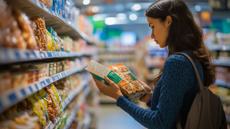 A customer in a supermarket aisle reading allergen information on a hazelnut product, reflecting the demand for clear labeling.