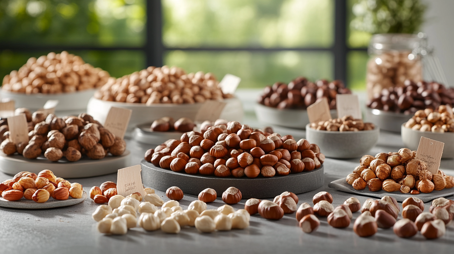 Various hazelnut types (European, American, Beaked) displayed on a modern table.