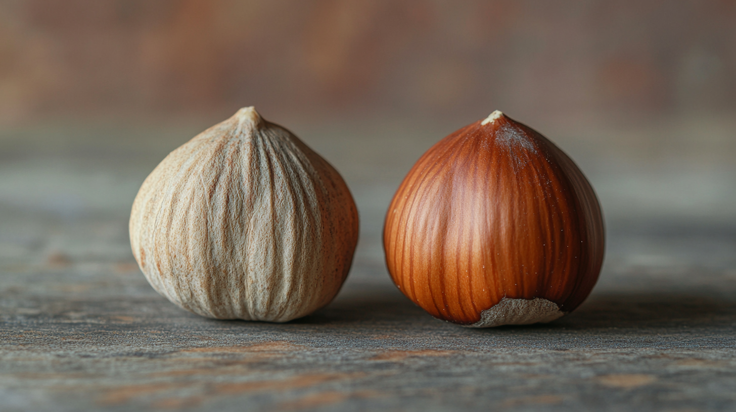 Macro shot of European and American hazelnuts side by side on a rustic wooden surface, showing their texture and size differences.