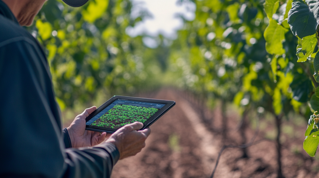 A farmer using a tablet to monitor water usage and soil moisture in a hazelnut orchard with a visible drip irrigation system and mulch around the trees.