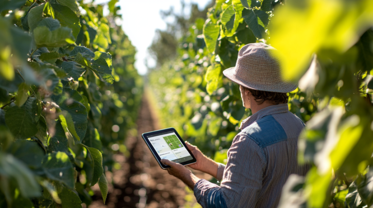 Hazelnut Harvesting Technology. A farmer using a digital tablet with the Field Companion app in a hazelnut orchard to track harvest and growth data.