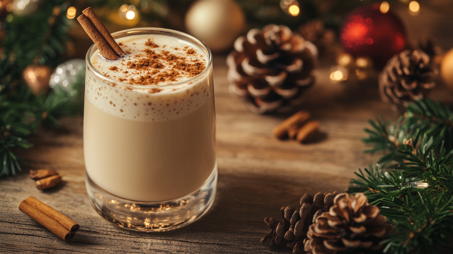 Glass of hazelnut eggnog topped with nutmeg and a cinnamon stick on a rustic table with holiday decorations.