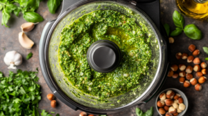 Close-up of a food processor filled with freshly blended hazelnut pesto, surrounded by ingredients like basil, parsley, hazelnuts, and olive oil.