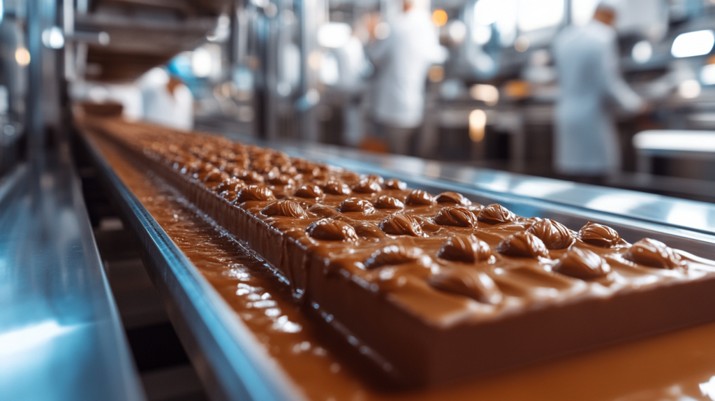 Close-up of chocolate bar being filled with hazelnut spread in a food production facility.