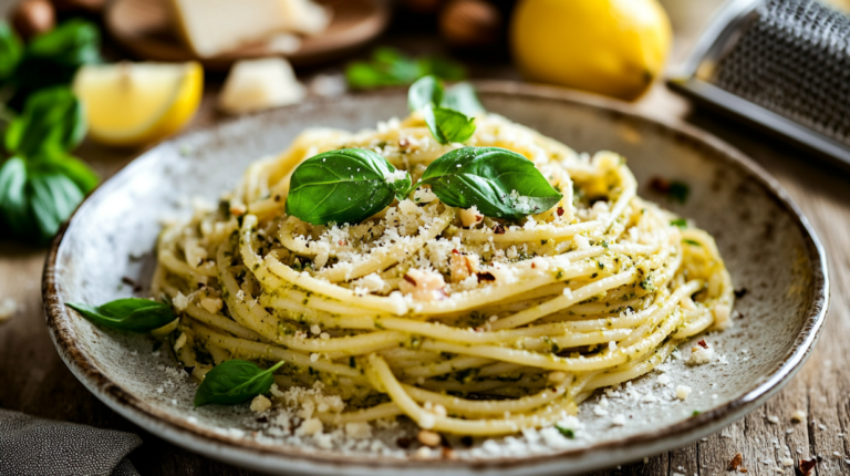 A plate of hazelnut and herb pesto pasta garnished with fresh herbs, grated Parmesan cheese, and a drizzle of olive oil on a rustic table.