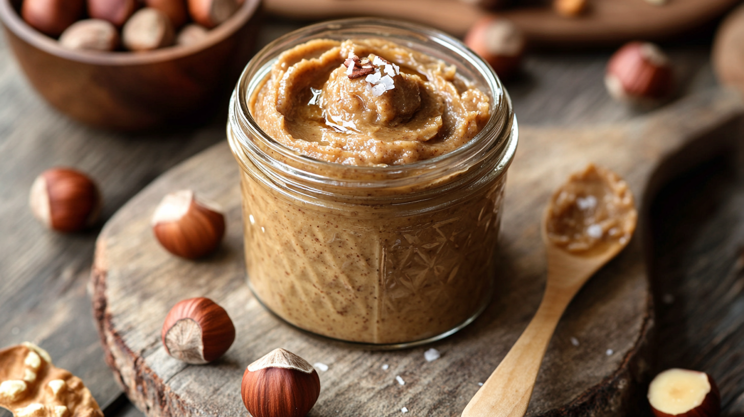 A jar of creamy vegan hazelnut butter surrounded by roasted hazelnuts, a wooden spoon, and a bowl of maple syrup on a wooden cutting board in a warm, rustic kitchen.