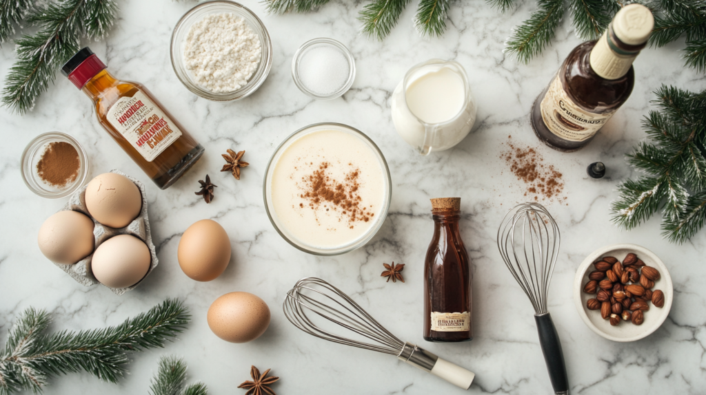 Fresh eggs, hazelnut liqueur, milk, cream, sugar, vanilla extract, and spices laid out on a kitchen counter for hazelnut eggnog.