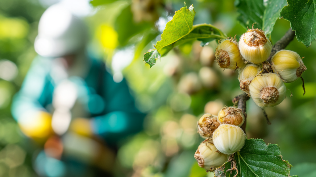 A photo of a hazelnut orchard with a branch affected by big bud mites and a worker in protective gear applying pest control measures in the background.