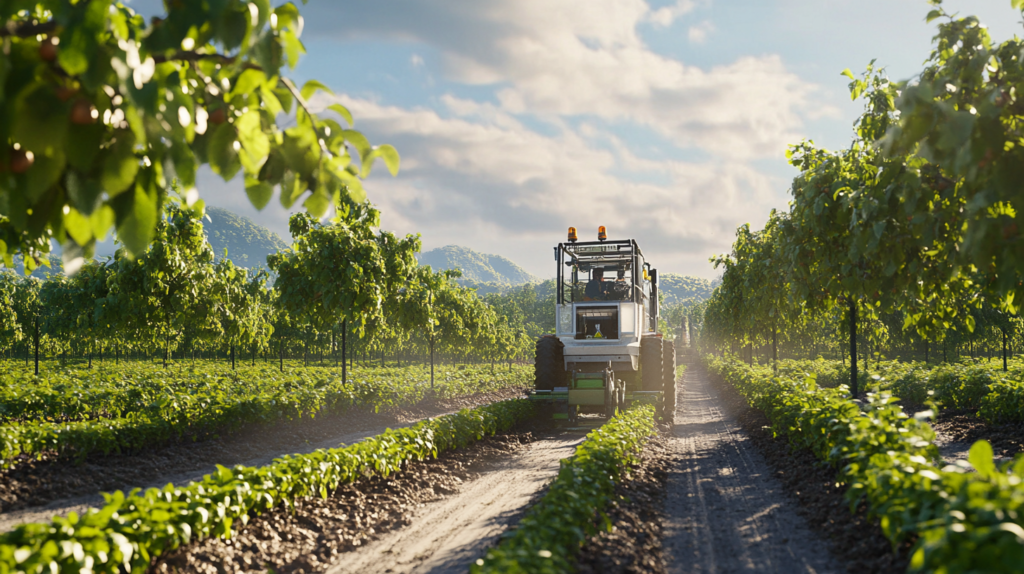 Hazelnut Harvesting Technology. A self-propelled mechanical harvester in action in a hazelnut orchard, demonstrating advanced harvesting technology.