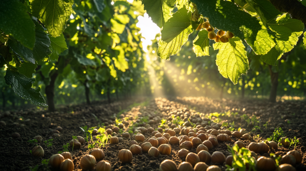 Close-up of a hazelnut orchard at sunrise, with dew-covered leaves and hazelnuts partially in their husks.