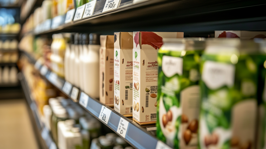 Various plant-based milk options, including hazelnut milk in eco-friendly cartons, displayed on a modern grocery store shelf.