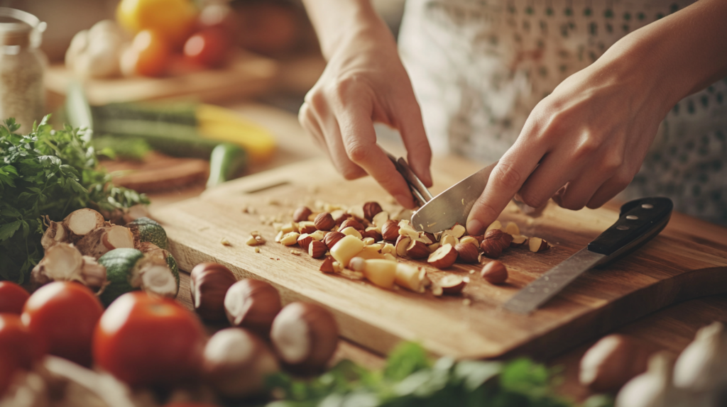 Close-up of hands chopping hazelnuts in a kitchen.