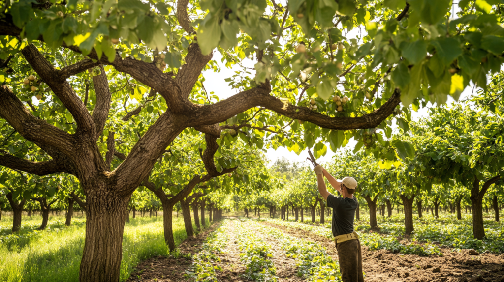 A farmer pruning a mature hazelnut tree in an orchard, with clean cuts and a background of rows of trees under a clear sky.