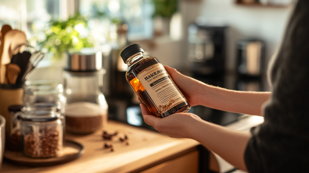 A person reading the ingredients label on a bottle of hazelnut syrup in a kitchen setting.