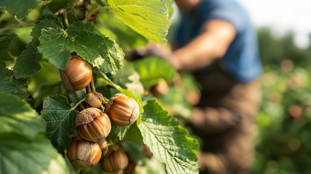 Ripe hazelnuts attached to branches, surrounded by green textured leaves in an organic orchard, with a farmer tending the trees in the background.