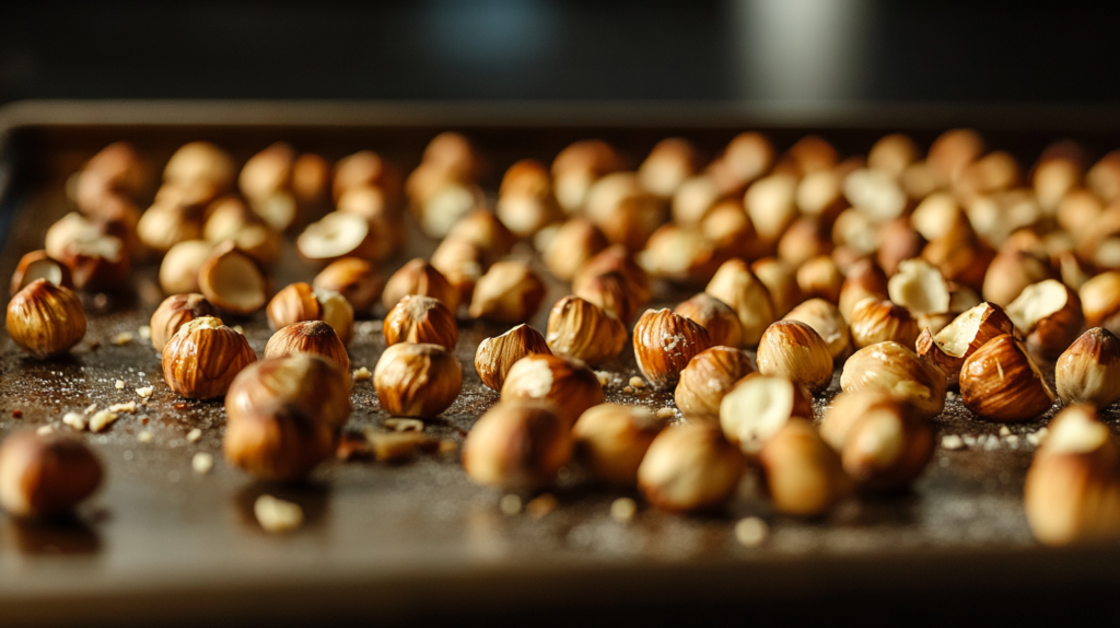 Close-up of freshly roasted hazelnuts on a baking sheet, ready for making Nutella.