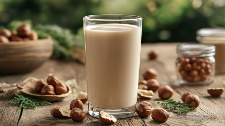 A tall glass of hazelnut milk surrounded by whole hazelnuts, shells, and eco-friendly packaging on a wooden table.