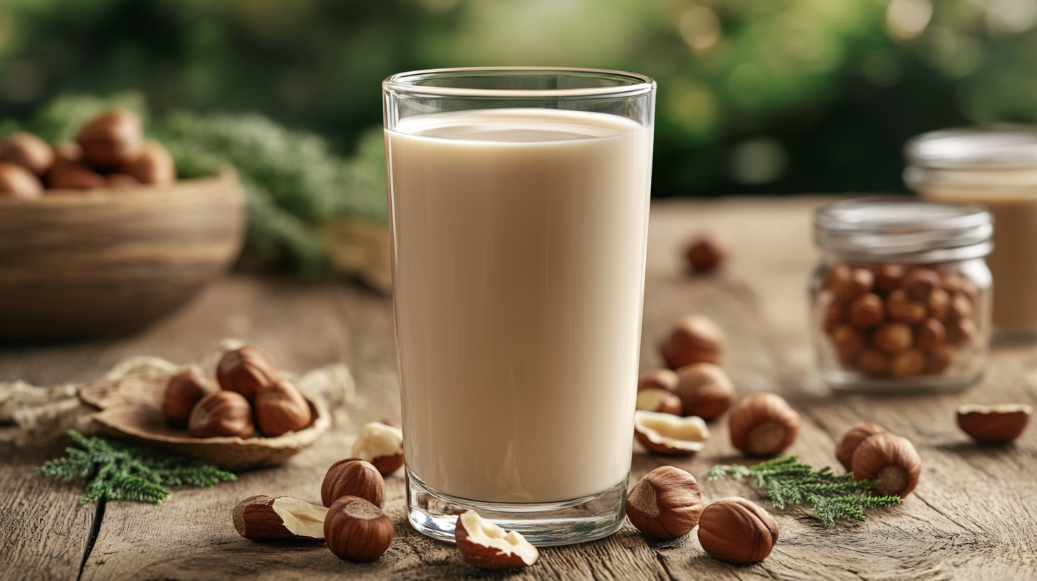 A tall glass of hazelnut milk surrounded by whole hazelnuts, shells, and eco-friendly packaging on a wooden table.