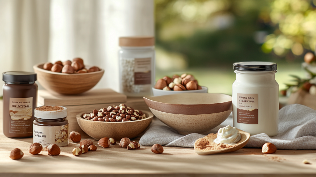 Hazelnut Allergies. Assorted hazelnut products including hazelnut milk, spreads, and whole nuts, with a focus on allergen-free labeling.