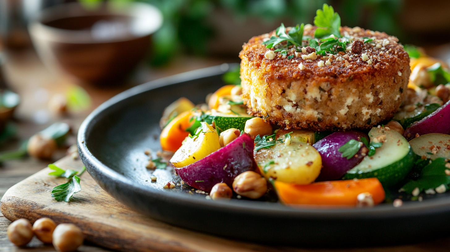 A vibrant vegan dish with hazelnut crusted patty and fresh vegetables.