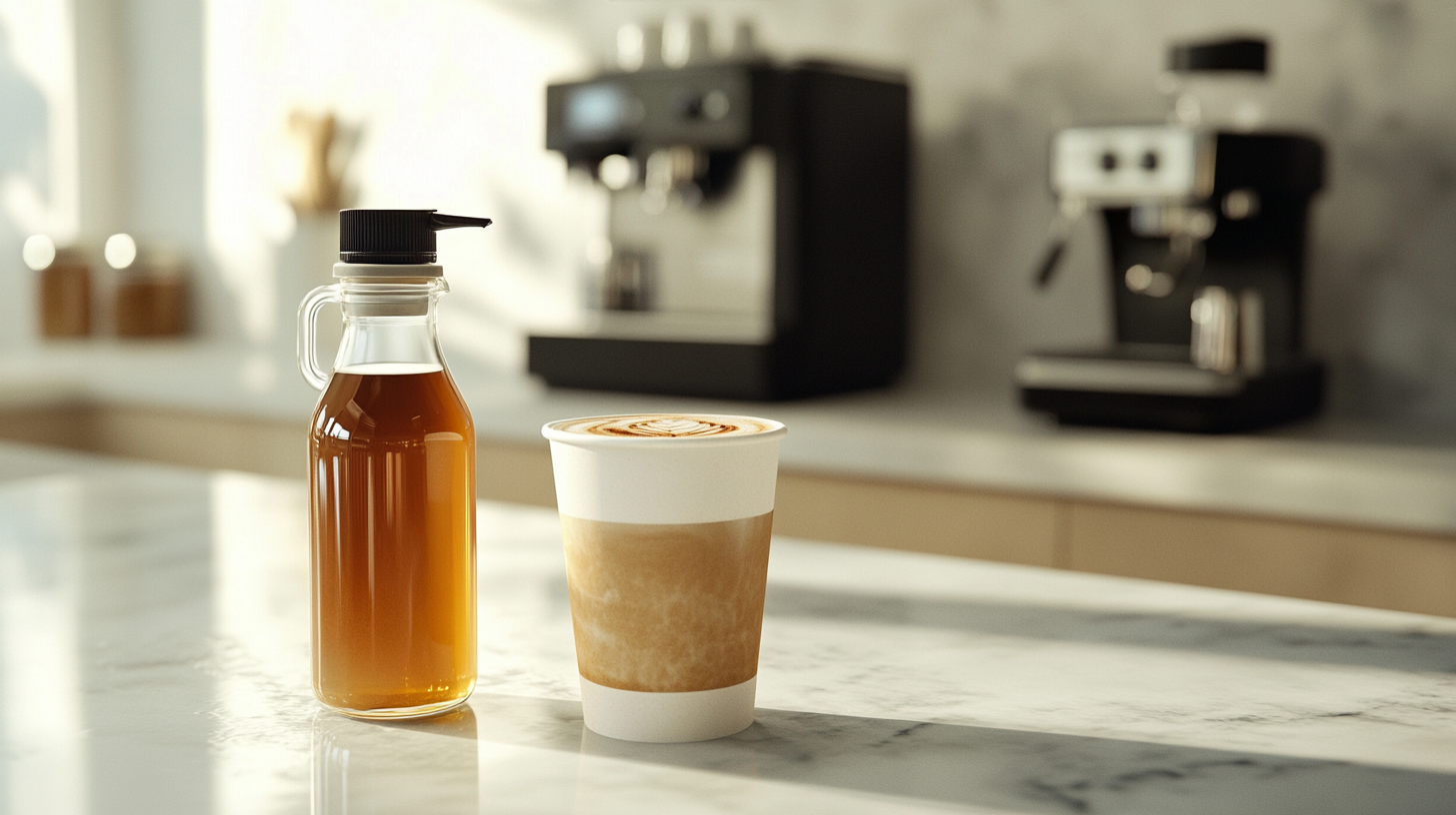 A pump bottle of hazelnut syrup next to a tall paper cup of hazelnut latte on a modern kitchen counter, with a coffee machine in the background.