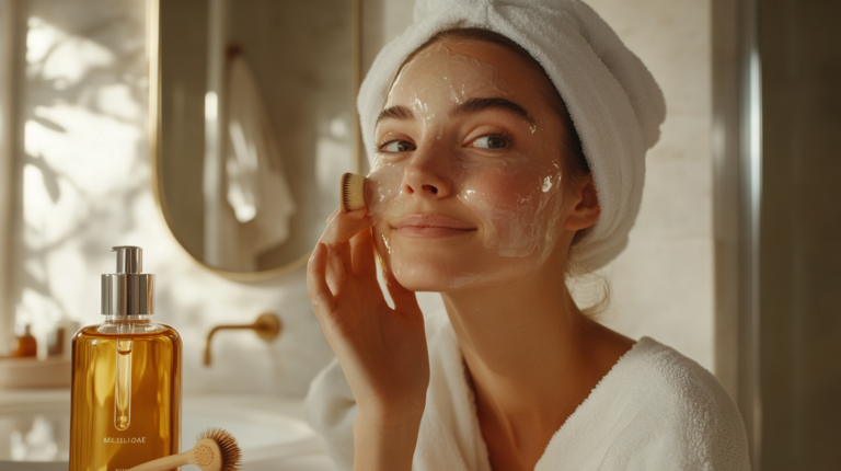 A woman applying hazelnut oil on her face with a bottle and roller on a bathroom counter.