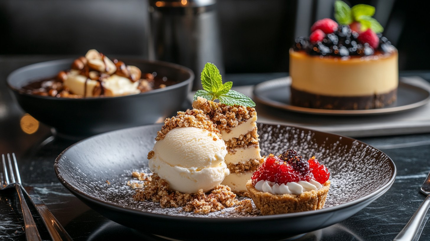 A variety of desserts, including ice cream, cheesecake, and a fruit tart, topped with golden-brown hazelnut crumble on a sleek modern dining table.