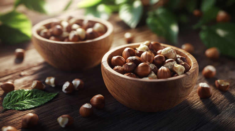 Two wooden bowls filled with Barcelona and Filbert hazelnuts on a wooden table, surrounded by nut shells and leaves.