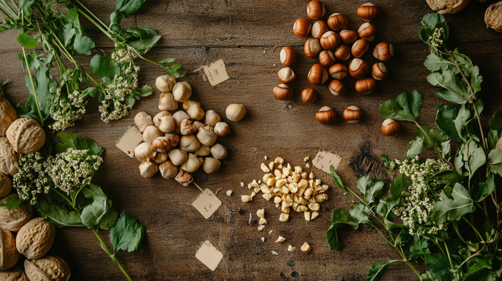 Barcelona and Filbert hazelnuts side by side on a rustic table, with cracked kernels and green branches scattered around.