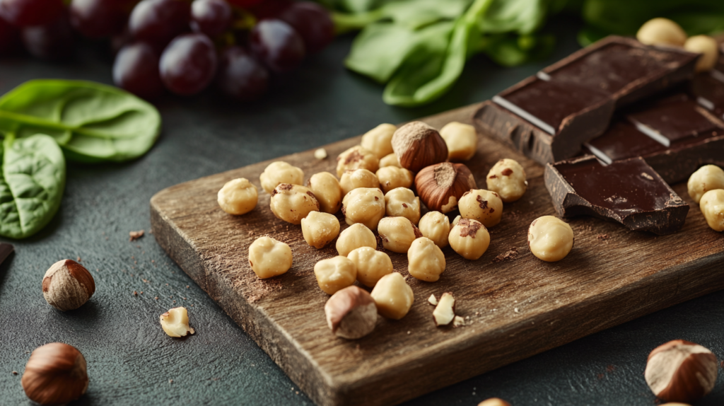 Freshly cracked hazelnuts surrounded by dark chocolate, grapes, and spinach, showing how hazelnuts contribute to antioxidant intake for cancer prevention.