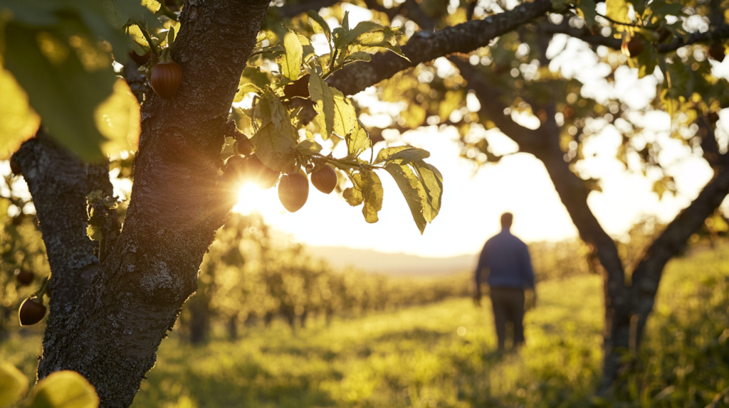 A hazelnut orchard affected by Eastern Filbert Blight, showing cankers on the branches, with a farmer inspecting the trees.