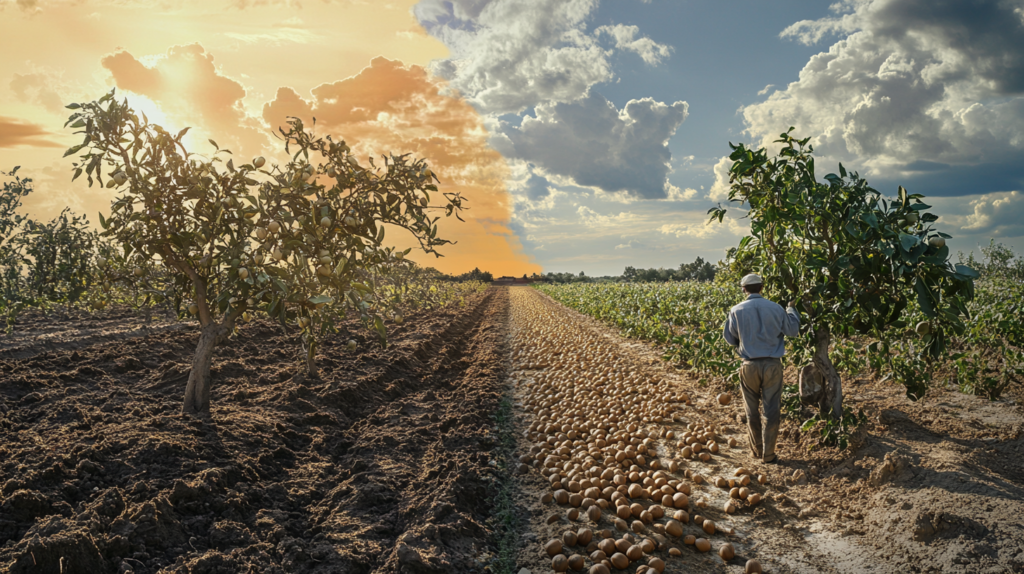 A hazelnut farmer adjusting an irrigation system in an orchard affected by drought on one side and flooding on the other, showing the impact of climate change on hazelnut farming.