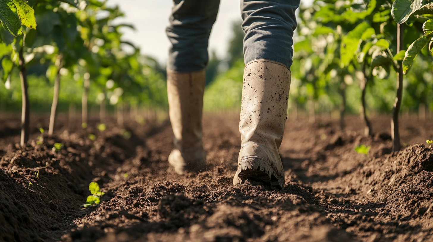 A farmer using organic compost in a hazelnut orchard, promoting sustainable and eco-friendly farming practices.