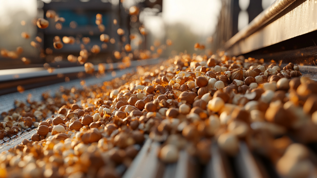 Close-up of freshly harvested hazelnuts being sorted on a mechanical harvesting system with automated sorting equipment in the background.