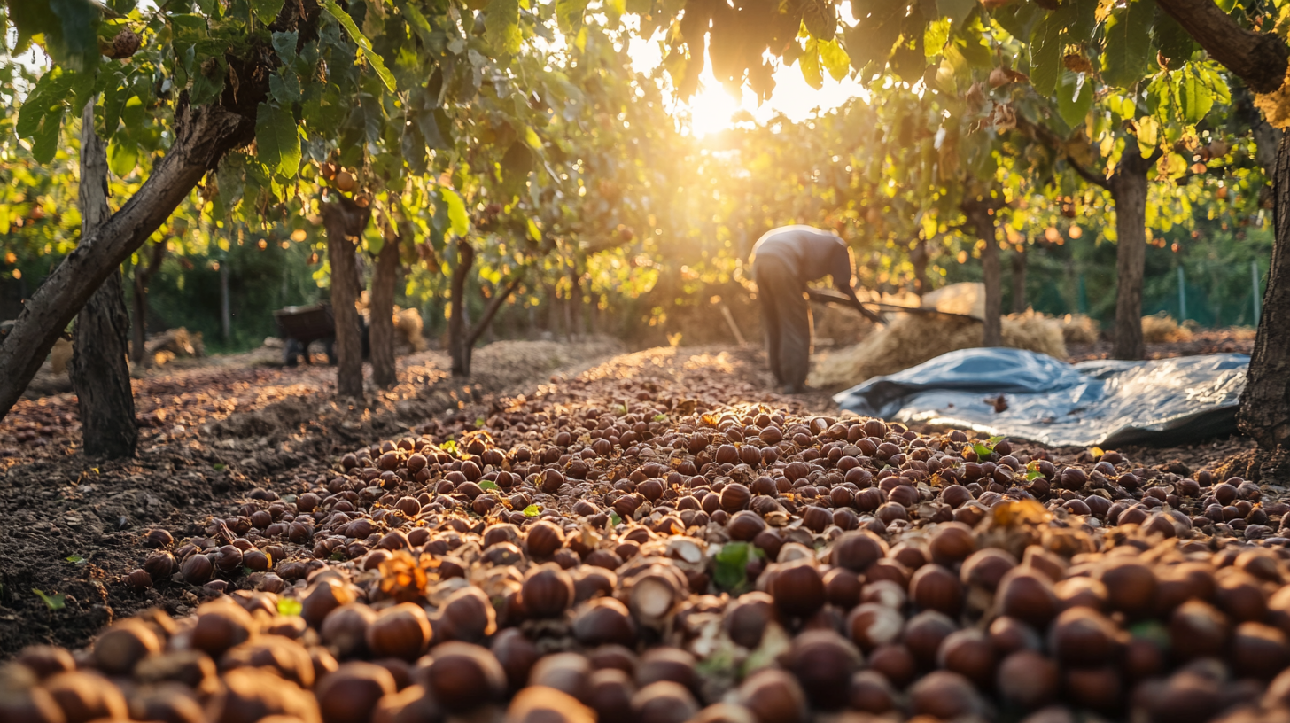 A farmer collecting ripe hazelnuts from the ground in an orchard, with tarps spread out under the trees during harvest season.