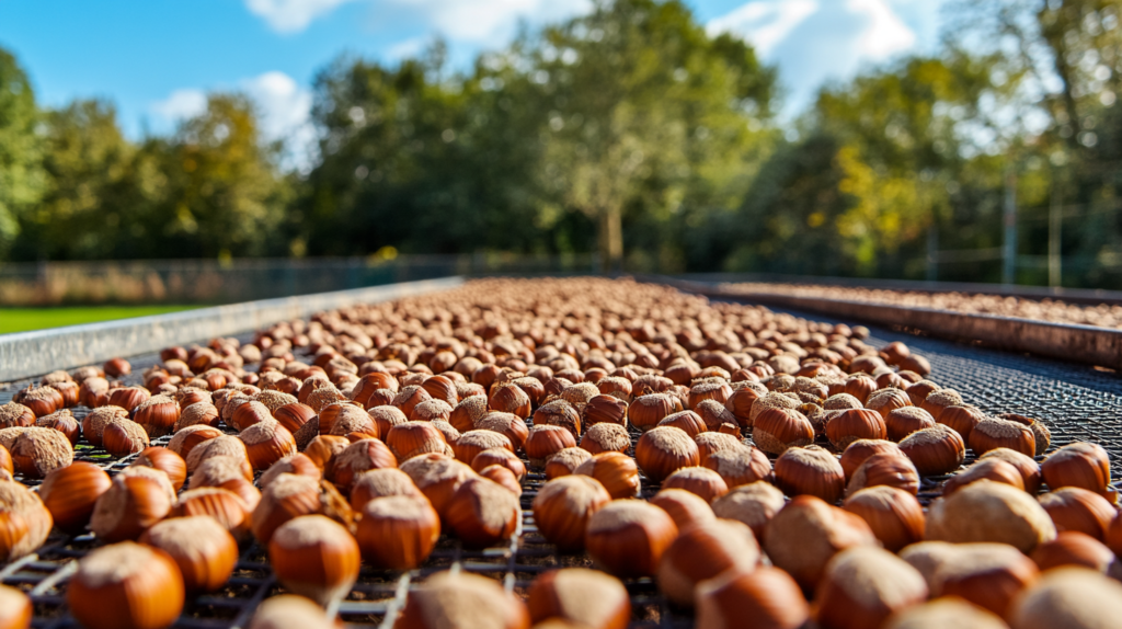 Freshly harvested hazelnuts spread out on a mesh drying rack under sunlight, with trees in the background.