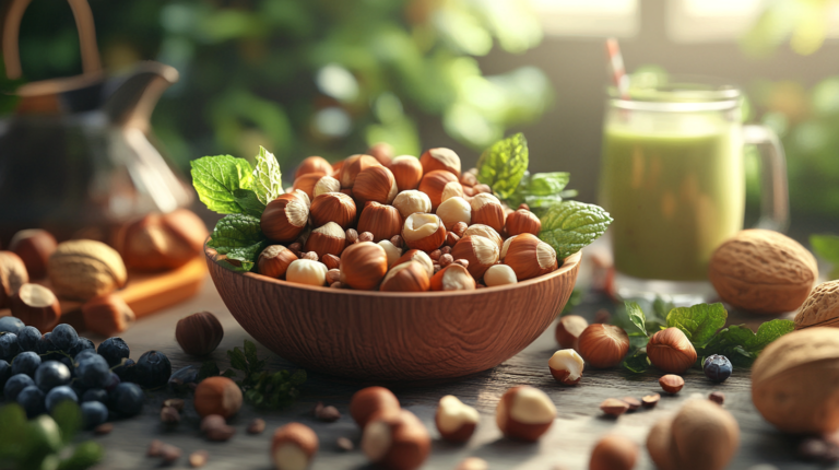 A bowl of hazelnuts surrounded by leafy greens, berries, and a healthy smoothie, promoting cancer prevention through nutrition.