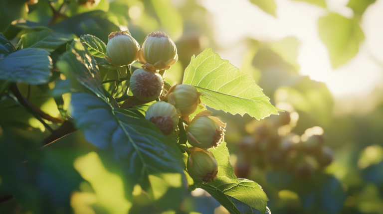 Close-up of healthy hazelnuts growing on a disease-resistant variety, with green leaves and no signs of blight.