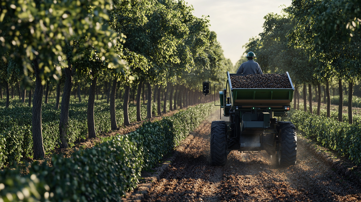 A modern hazelnut harvester machine collecting ripe hazelnuts in an orchard, with rows of hazelnut trees in the background.