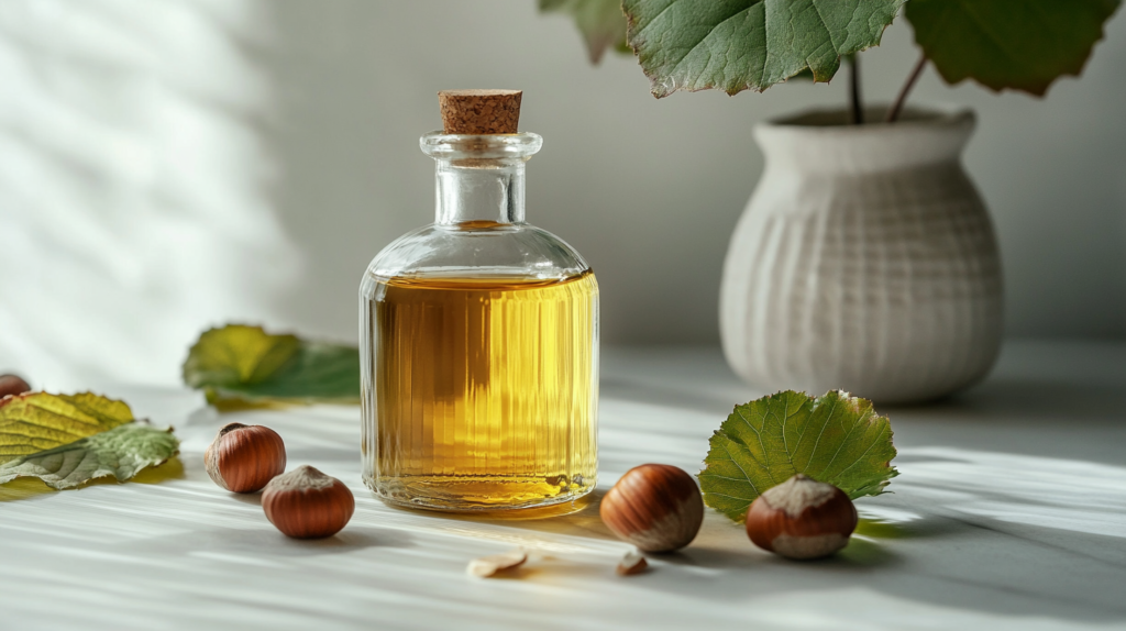 A glass bottle of hazelnut oil placed next to fresh hazelnuts and green leaves on a marble counter.