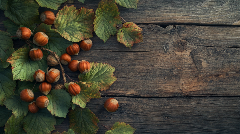 A close-up of ripe hazelnuts still attached to their branch, surrounded by leaves, resting on a rustic wooden table. Organic hazelnut farming.