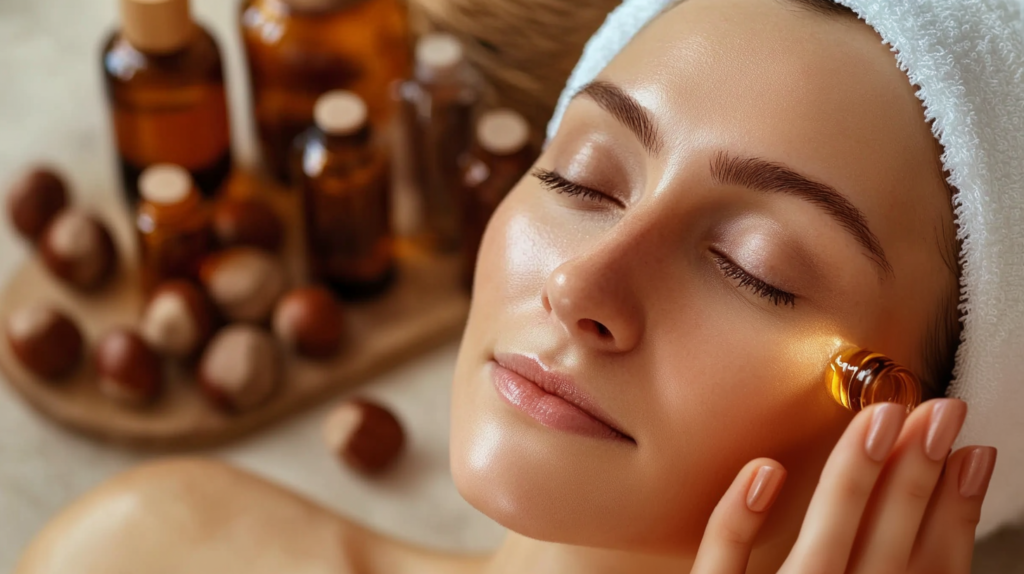 A woman applying hazelnut oil with fresh hazelnuts and other oil bottles in the background.