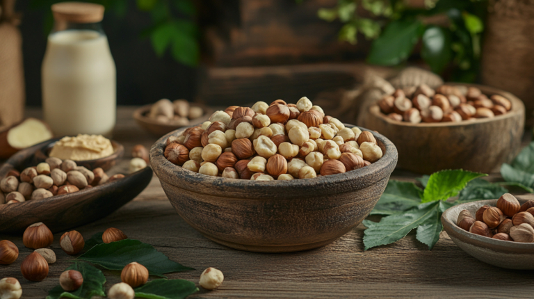 A rustic display of hazelnuts, hazelnut milk, and hazelnut butter in a natural setting. Hazelnut sales.