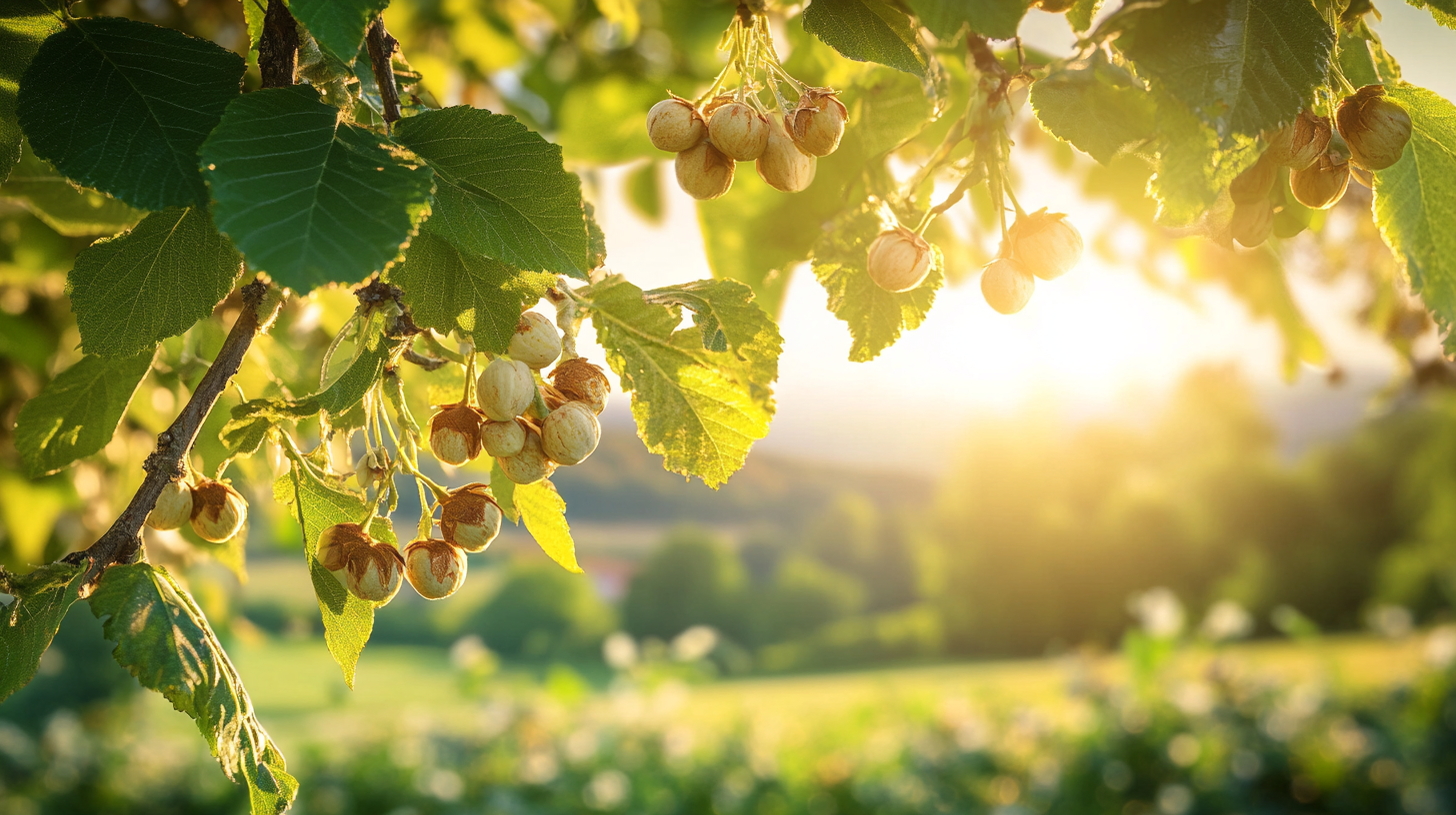 Close-up of a hazelnut tree with ripe nuts, set against a serene nature backdrop in Barcelona, featuring sunlight filtering through the branches. Barcelona hazelnut tree.