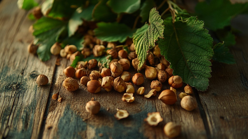 Close-up of freshly harvested Barcelona hazelnuts tree scattered on a wooden table with small branches and green leaves.