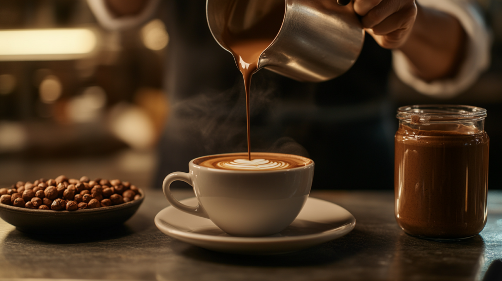 Close-up of a barista pouring hazelnut milk into a coffee cup with raw hazelnuts and spread on the side. Hazelnut flavors.