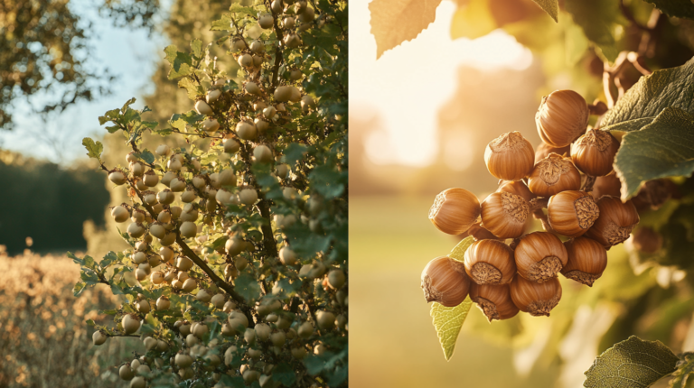 Split-screen view showing a Beaked Hazelnut Tree with natural surroundings and a Barcelona Hazelnut Tree in a sunny orchard.